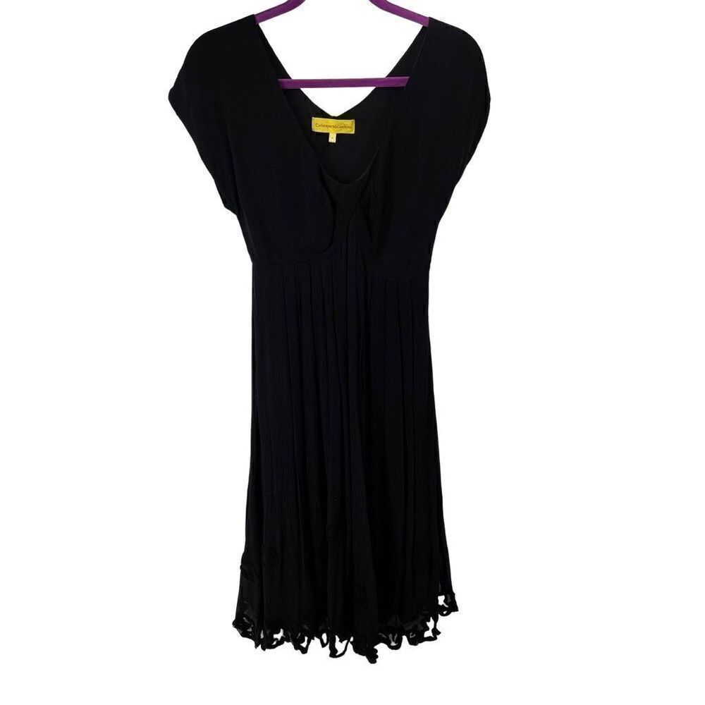 Catherine Malandrino Silk Women Midi Dress Flared V Neck Black Size 4